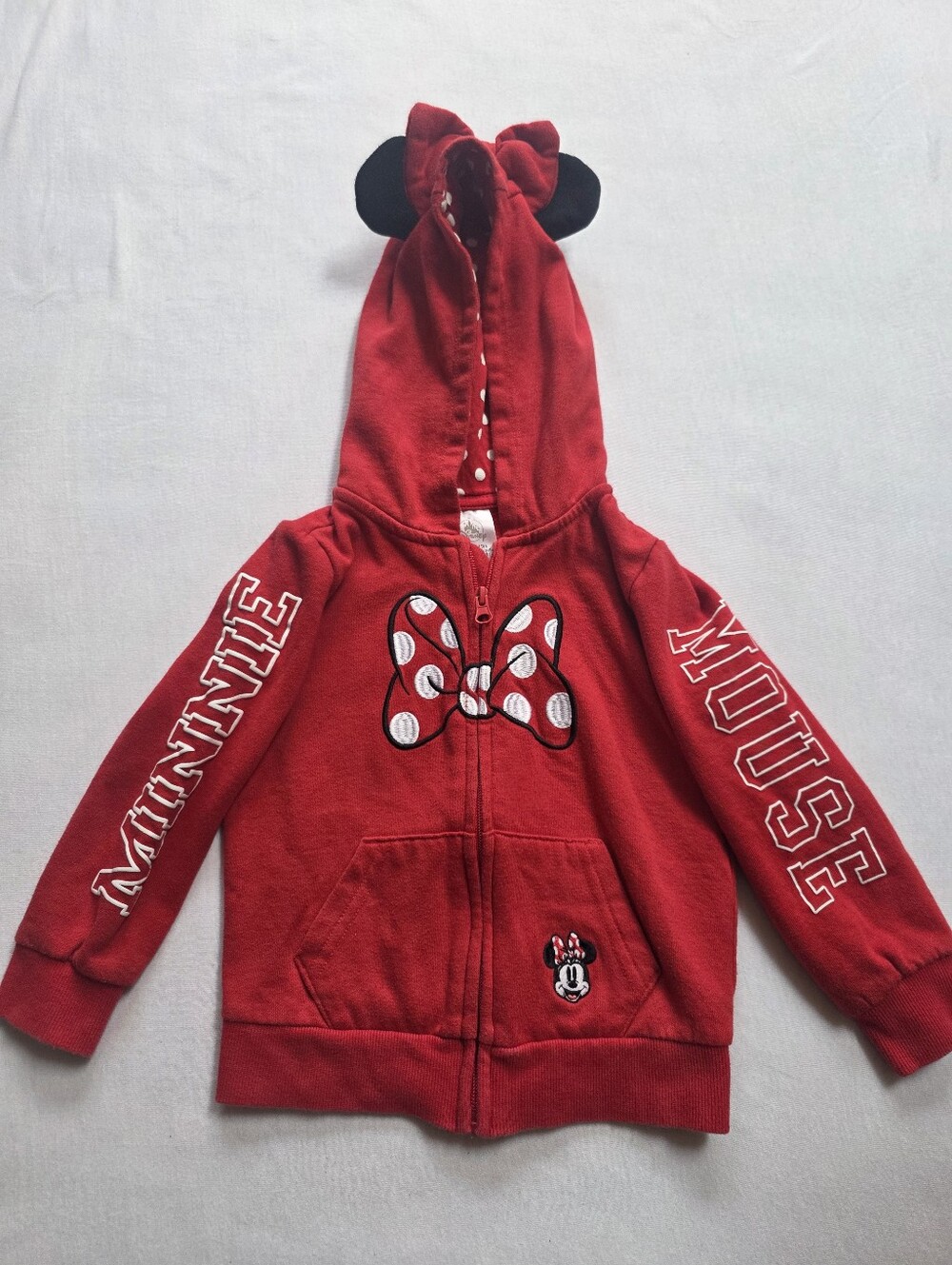 Disney Minnie Mouse Girls Red Zip Hoodie Ears Bow Size 4 Fleece Lined